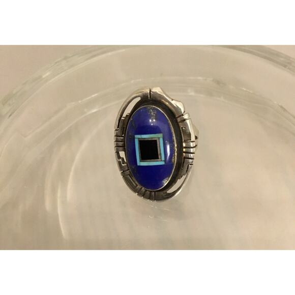 Vintage Gilbert Nelson Navajo Sterling Lapis/Turquoise/Onyx Inlay Ring Sz 5.5 - Picture 3 of 8